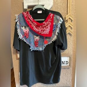 Unique One of a Kind Western Shirt with Denim Collar and Hand Painted Cow  SZ XL